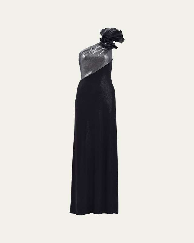 One-Shoulder Metallic Jersey Gown